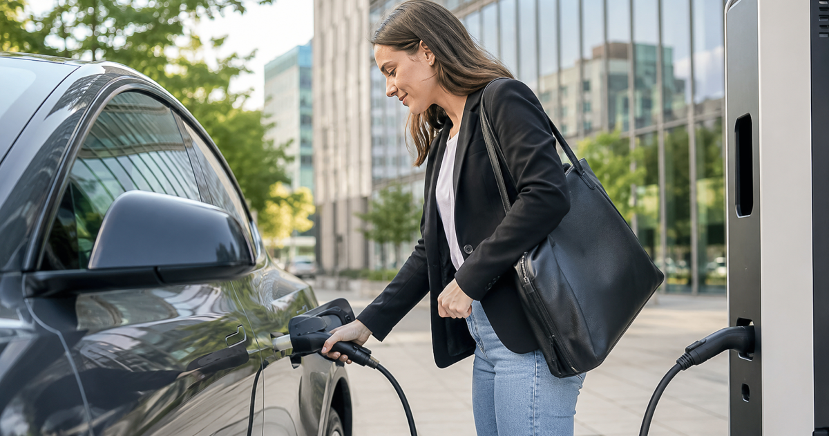 Vrouw staat voor een kantoor gebouw en laad haar elektrische auto op aan een laadpaal